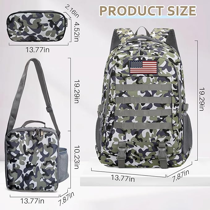 Camo Backpack for Boys 3 in 1 Set, 19 Inch 55L Tactical Bookbag with Lunch Box Pencil Case, Molle System School Backpack for Elementary Middle High School, Outdoor Camping Hiking Travel for Kids Teens