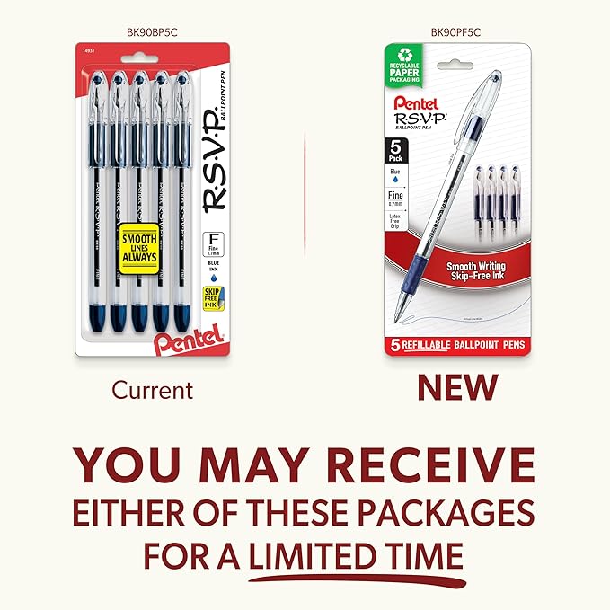 Pentel RSVP Ballpoint Pen, Fine Line, (0.7mm), Blue Ink (BK90BP5C) (Pack of 1, 5 Count Total)