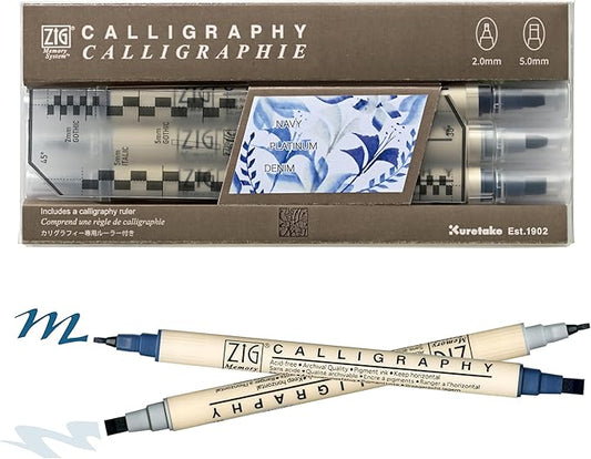 Kuretake Zig Calligraphy Dual Tip Marker Pens 3 colors set, PlatinumBlue, 2mm, 5mm, Double Tip, for Art, Sketch, illustration, Calligraphy, Journal, Drawing, Made in Japan
