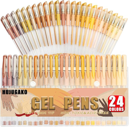 48 Pack Skin Tone Gel Pens, 24 Colored Gel Pen with 24 Refills,40% More Ink Write Smooth for Kids Adults Coloring Books Drawing Doodling Scrapbooks Bullet Journaling
