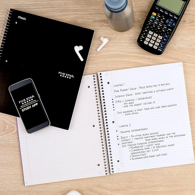 Five Star Spiral Notebook Plus Study App, 1 Subject, College Ruled Paper, 100 Sheets, 8-1/2" x 11", School, Black (72057)
