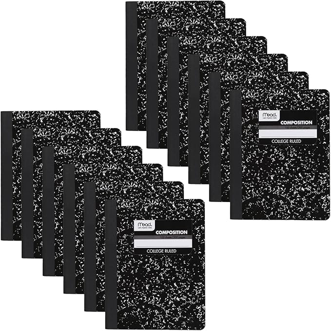 Mead Composition Notebook, 12 Pack, College Ruled Paper, 7-1/2" x 9-3/4", 100 Sheets per Comp Book, Black Marble (72938)