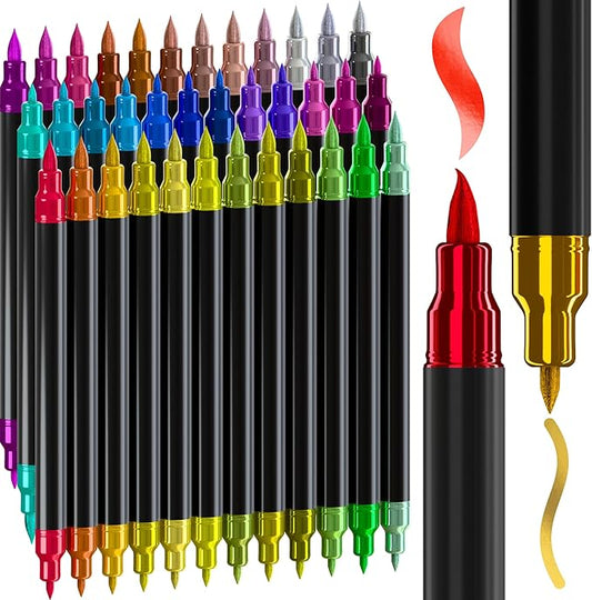 ARTISTRO 36 Metallic Acrylic Paint Markers - Paint Pens for Calligraphy, Brush + Fine Tips - Vision Board Supplies - Kit for Scrapbooking and Journaling - Art Supplies for Adults, Teens, Kids
