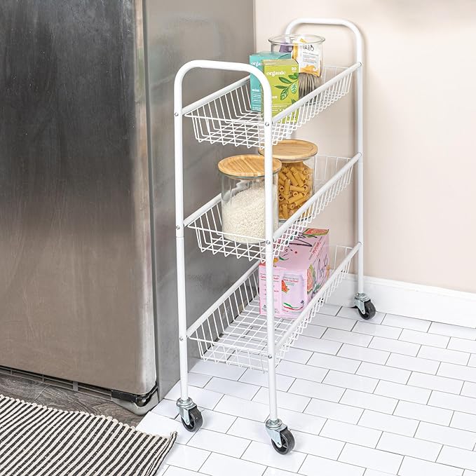 Household Essentials 3-Tier Slim Storage Cart, Heavy-Duty Steel Frame, Smooth Casters with Locks, Powder Coat Finish, Arched Handles, Easy to Assemble, Modern, Compact, White