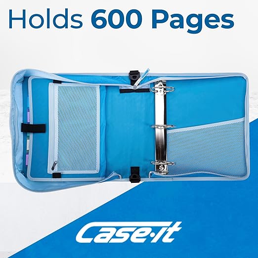 Case-it Mighty Zip Tab School Zipper Binder | 3-Inch O-Rings, 600-Sheet Capacity, 5-Subject Expanding File Folder, Multiple Pockets & Storage Organizer, Shoulder Strap | D-146 Watercolor Sky
