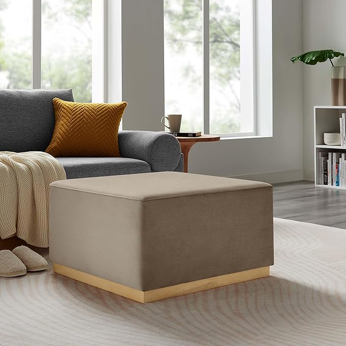 Modway Tilden 28 Inch Square Performance Velvet Upholstered Ottoman in Taupe Natural - Large Ottoman Foot Rest with Rubberwood Plinth Base, Living Room Ottoman Coffee Table - Velvet Ottoman Table