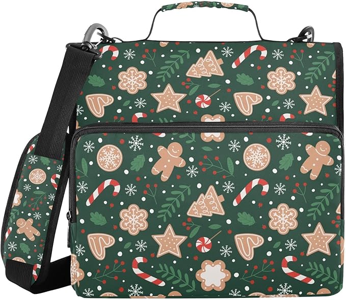 3 Ring Zipper Binder with Shoulder Strap Christmas Gingerbread Snowflakes 1.5 inch Binders Keeper Large Capacity Multi Pockets for School Office Supplies