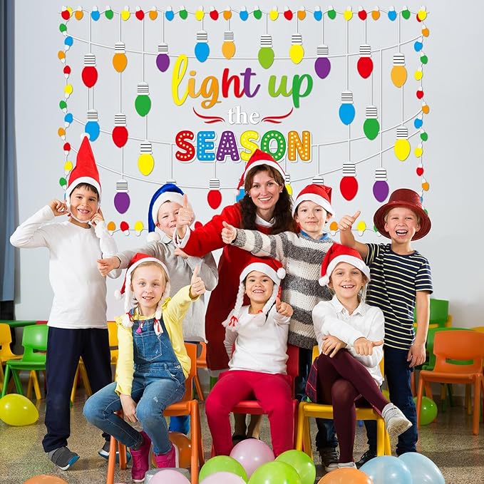Christmas Bulletin Board Decorations Light Up The Season Classroom Paper Cutouts Christmas Light Bulb Inspirational Decor for Holiday Sunday School Classroom Chalkboard Wall Decor Teacher Supplies