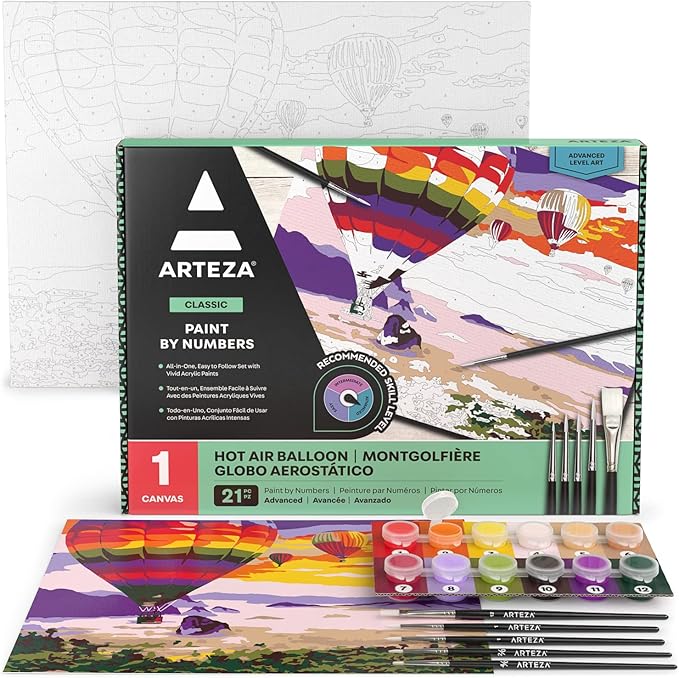 Arteza Paint by Number for Adults, 12x16 Inches, 21 Pieces, Hot-Air Balloon Paint by Numbers Kit, Comes with 1 Canvas Panel, 12 Acrylic Paint Pots, 5 Paintbrushes, Art Supplies for Home & Office Decor