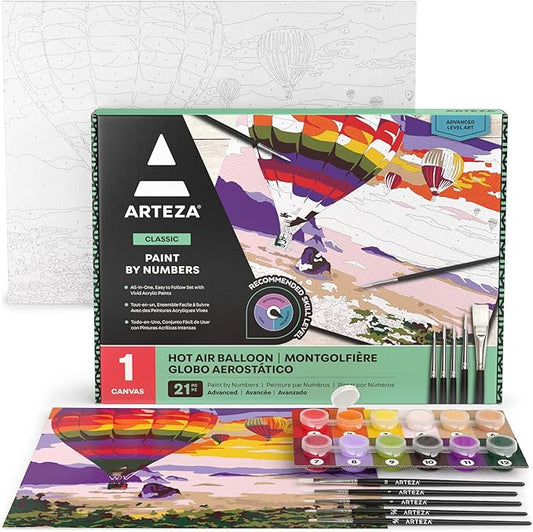 Arteza Paint by Number for Adults, 12x16 Inches, 21 Pieces, Hot-Air Balloon Paint by Numbers Kit, Comes with 1 Canvas Panel, 12 Acrylic Paint Pots, 5 Paintbrushes, Art Supplies for Home & Office Decor