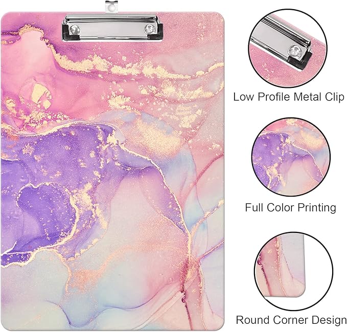 Fashion Clipboard, A4 Letter Size Wooden Decorative Clipboards for Teacher, Nurse, Doctor,Student and Kids, Cute Design for Standard Size 12.2" x 8.9" (C-Pink Purple Marble)