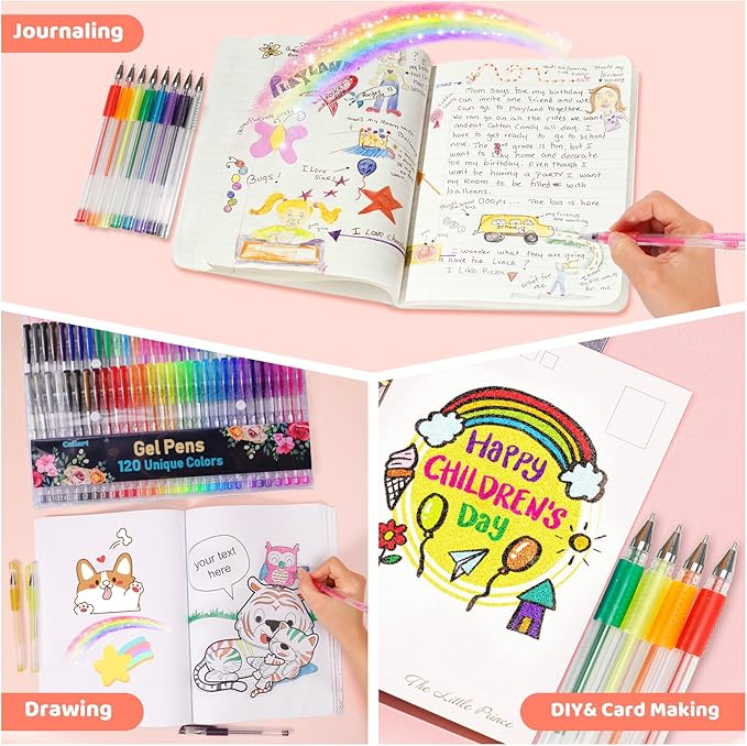 Caliart 120 Colors Gel Pens, Colored Neon Glitter Pen Set for Coloring Books, 40% More Ink Fine Point, Gifts for Adults Drawing Journaling Scrapbook Art Supplies