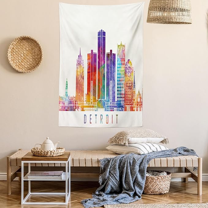 Ambesonne Detroit Tapestry, Vibrant Colored Abstract Skyscrapers Modern Architecture Watercolor Style Landmarks, Fabric Wall Hanging Decor for Bedroom Living Room Dorm, 23" X 28", Ivory