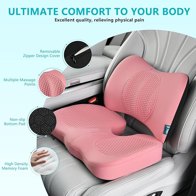 FLORICH Car Seat Cushion and Back Support for Office Chair Memory Foam Chair Cushions Pressure Relief Seat Pads with Gel Massage Point Lumbar Support(Light Pink)