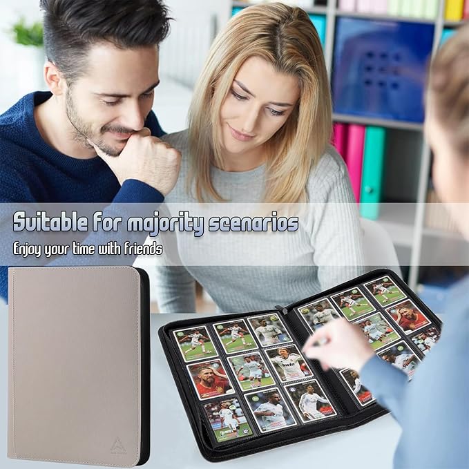 9 Pocket Card Binder - 540 Capacity with Zip Closure Premium, Double-Sided,Sturdy & Sleek PU Leather Protector for MTG, TCG, Sport & Collectible Cards (Beige)