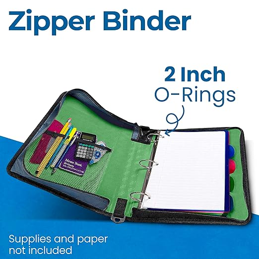 Case-it Classic Zipper Binder | 2-Inch O-Rings, 350 Sheet Capacity, Multiple Storage Pockets & Shoulder Strap | School & Office Organizer | D-251 Canopy Green