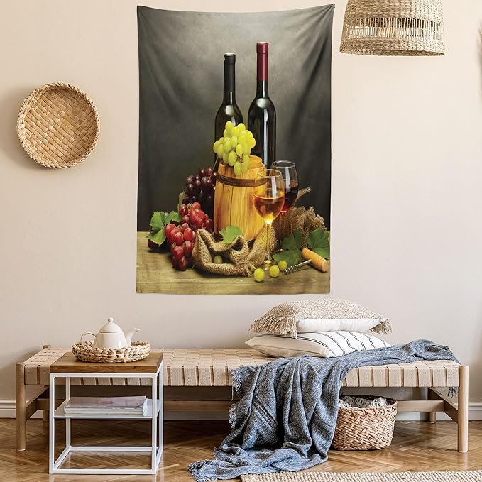 Ambesonne Winery Tapestry Queen Size, Cask Bottles and Glasses of Wine and Ripe Grapes on Wooden Table Picture Print, Wall Hanging Bedspread Bed Cover Wall Decor, 88" X 88", Grey Taupe