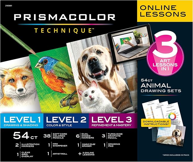 Prismacolor Technique Art Supplies and Digital Art Lessons Animal Drawing Set Bundle Levels 1-3 Adult Coloring 54 Count