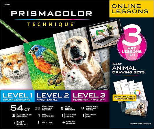 Prismacolor Technique Art Supplies and Digital Art Lessons Animal Drawing Set Bundle Levels 1-3 Adult Coloring 54 Count