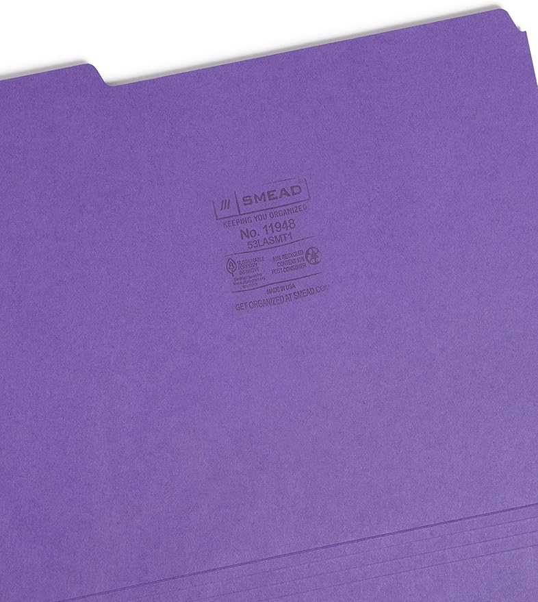 Smead Standard File Folders, 100 Count, Assorted Jewel Tone Colors, 1/3-Cut Tabs, Letter Size (11948)