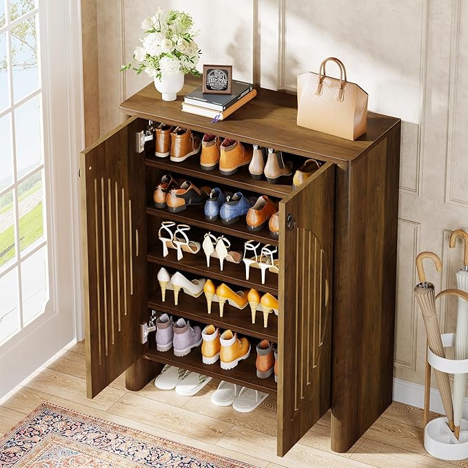 Tribesigns Shoe Cabinet with Doors, 5-Tier Shoe Storage Rack Organizer for Entryway, Living Room, Bedroom, Closet, Rustic Brown