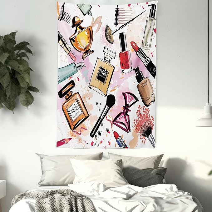 Ambesonne Fashion Tapestry, Cosmetic and Makeup Theme Pattern Perfume Lipstick Nail Polish Brush Modern, Wall Hanging for Bedroom Living Room Dorm Decor, 60" X 80", Coral White