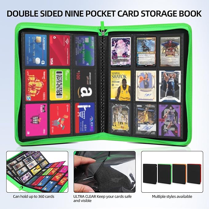 Premium Trading Card Storage Album,9 Pocket 40 Side Pages, 360 Cards,Black Zipper Binder for Collectible Games, Sports Card Organization&Protection (Black)