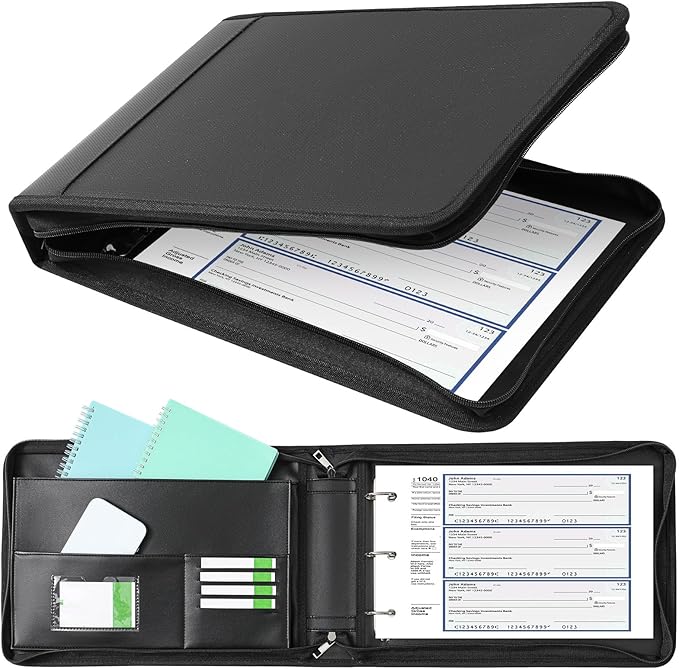 Henoyso 3 Rings Fireproof Business Check Binder with Zipper 1 Inch DRings 3 on a Page Fit 3 & 9 Holes Check 600 Sheets Capacity Organizer Binder for Office Storage End Stub Deskbook(Black)