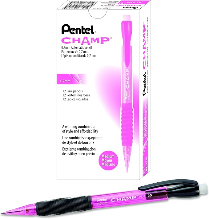 Pentel Champ Mechanical Pencil, (0.7mm), Pink Barrel, Box of 12 (AL17P)