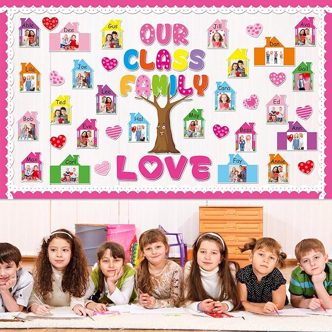 Valentine's Day Classroom Bulletin Board Decor Set with 3D Paper Photo Frame House Pink Red Heart Paper Cutouts Our Class Family is Love Tree Bulletin Board for Home Office School Classroom Wall Decor