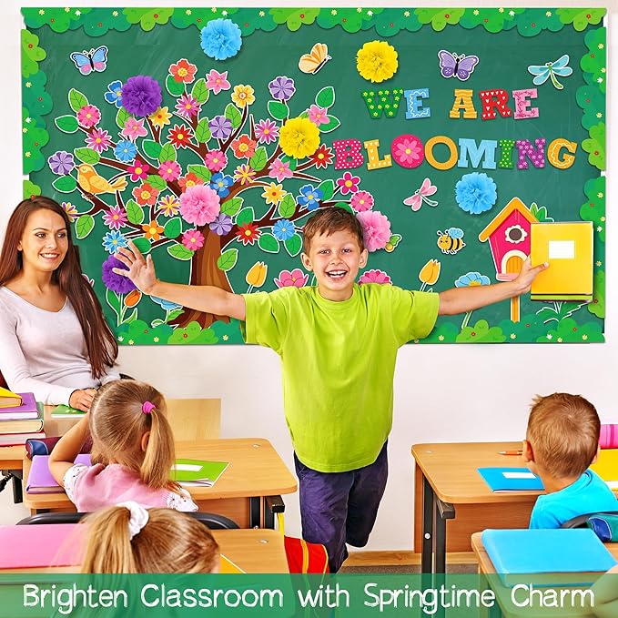 Aneco Spring Bulletin Board Decorations with 3D Paper Flowers Classroom Tree Border Trim We are Blooming Classroom Decoration Cutouts for School Home Wall Decor Supplies