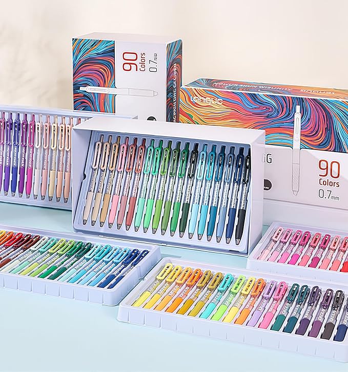 Gel Pens For Coloring, 90 Colors Retractable Colored Pens for Black Paper & White Paper, 0.7mm Fine Point Colorful Pens for Coloring, Writing, Drawing, Journaling, Note Taking, Office, Home