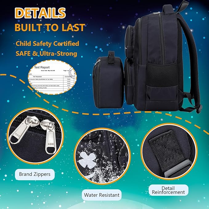 Boys Backpack with Lunch Box Glow in Dark Kids Ages 4-12 Kindergarten Elementary Middle School Teens Bookbag Mochilas Para Niños, Luminous Face Black