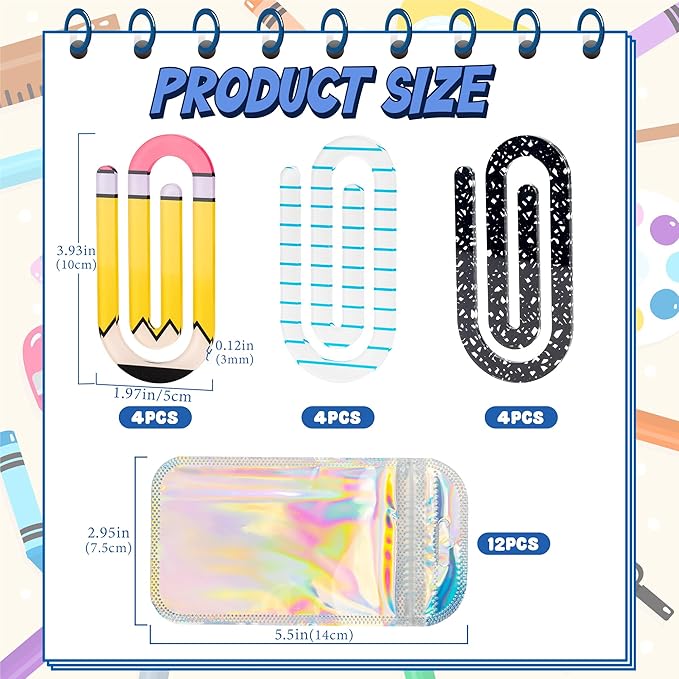 24 Pack Jumbo Acrylic Paper Clips, 4" X 2" 12Pcs Teacher Paper Clips with 12Pcs Gift Bags Personalized Paperclips Bookmark for Home Office Back to School Supplies (Pencil,Notebook,Eraser)