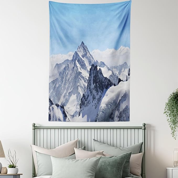Ambesonne Winter Tapestry, Snowy Rocky Mountain Peaks Tops Scene High Lands ICY Frozen Swiss Outdoor Art, Wall Hanging for Bedroom Living Room Dorm Decor, 40" X 60", Blue and White