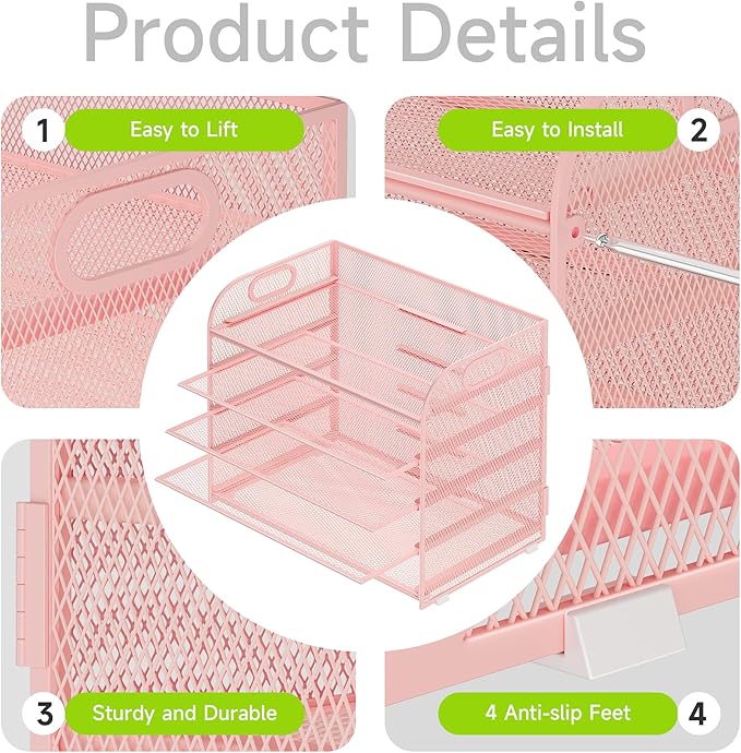5 Tier Paper Organizer with Handle, Pink Metal Mesh Desk Organizer File Folder Paper Letter Tray Desktop Document Sorter for Classroom, School, Office Accessories Organization and Storage
