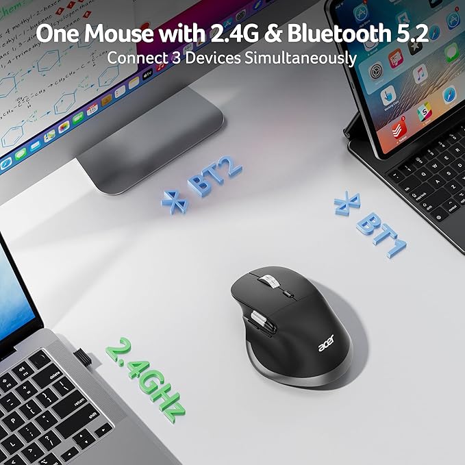 acer Ergonomic Mouse Wireless Rechargeable with Side Scroll (BT5.2+2.4GHz), Bluetooth Computer Mouse for Laptop, Medium to Large Sized Hands, Office USB Mice, 8 Buttons, 4800 DPI for PC, Desktop