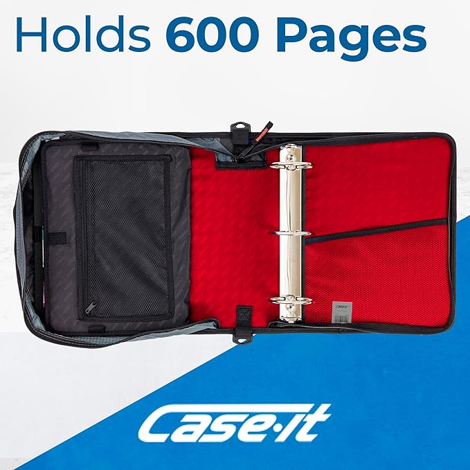 Case-it Mighty Zip Tab School Zipper Binder | 3-Inch O-Rings, 600-Sheet Capacity, 5-Subject Expanding File Folder, Multiple Pockets & Storage Organizer, Shoulder Strap | D-146 Fire Engine Red