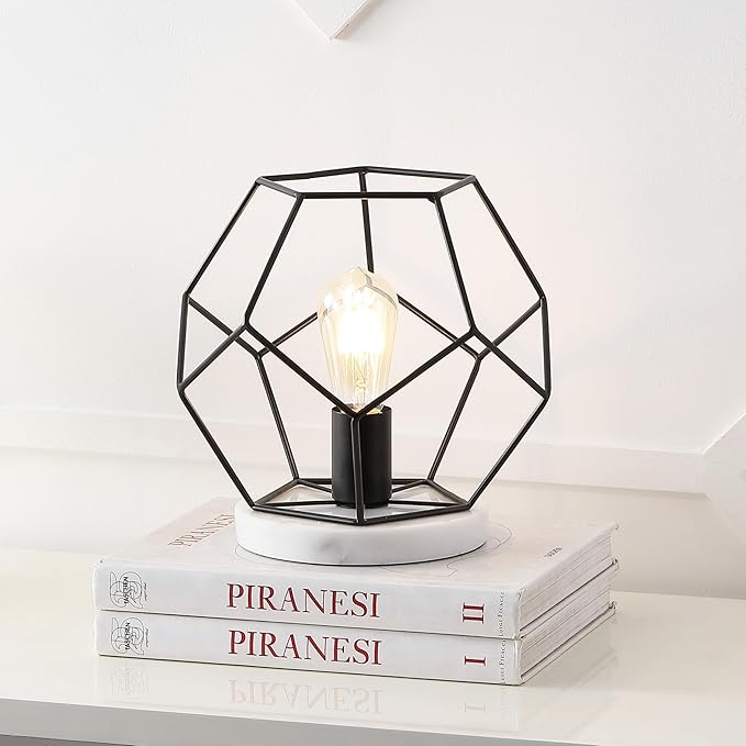 JONATHAN Y 10" Black/White Geometric Table Lamp, Midcentury Modern Metal Desk Lamp for Living Room Bedroom, White Marble Base, Glam Bedside Nightstand Light with LED Bulb (JYL1047C)