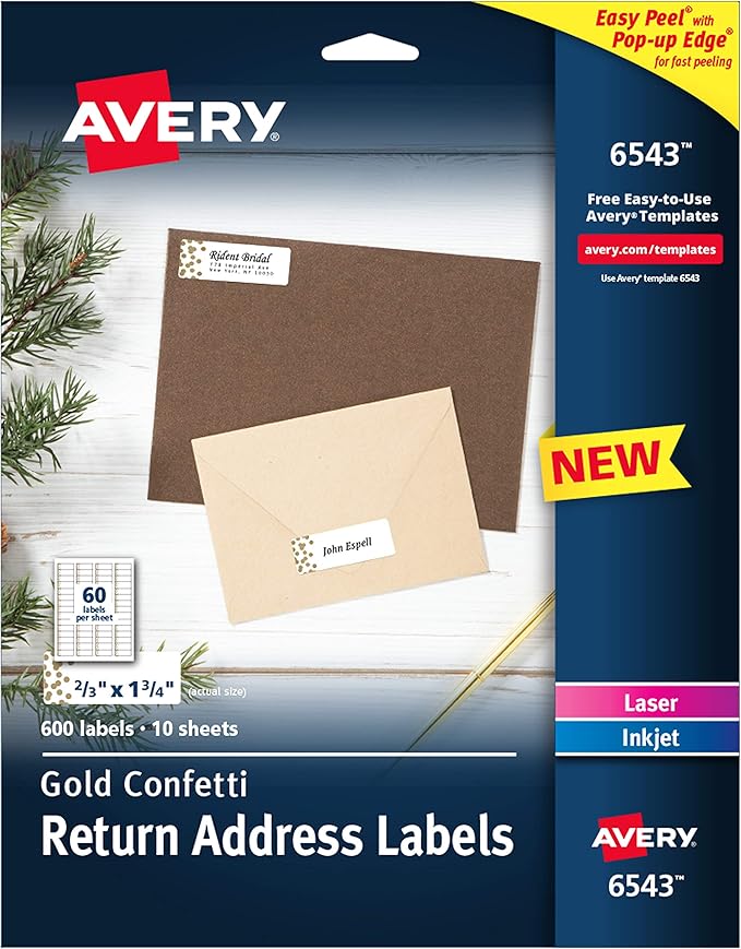 Avery Easy Peel Return Address Labels, 2/3" x 1-3/4", Gold Confetti Design, 600 Labels (6543)