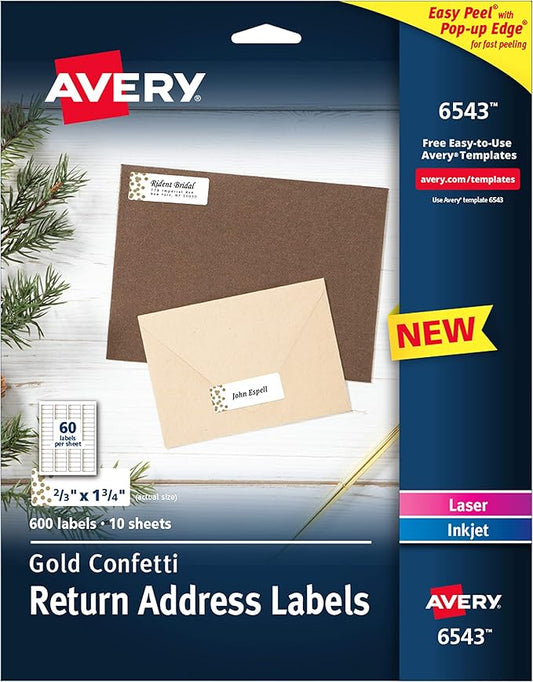 Avery Easy Peel Return Address Labels, 2/3" x 1-3/4", Gold Confetti Design, 600 Labels (6543)