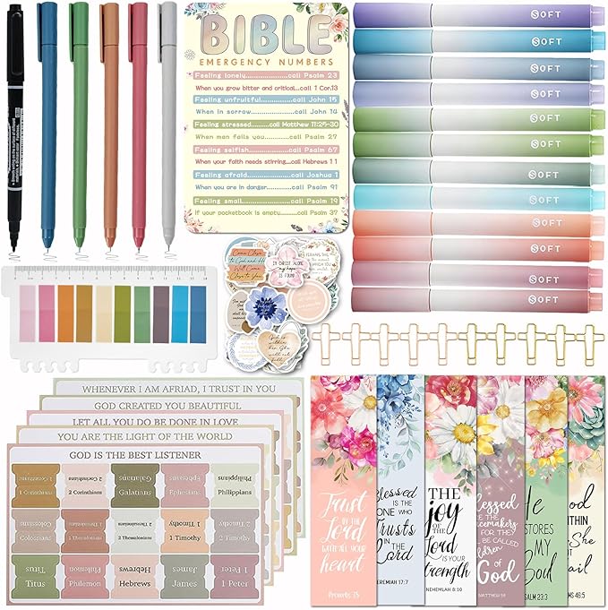 Bible Study Supplies Journaling Kit for Women,Pastel Highlighters & Pens, Bible Tabs, Stickers, Bookmarks, Cross Clips, Bible Accessories for Study, Faith,Inspiration & Scripture(91pcs)