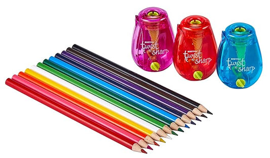 Bostitch Office Pencil Sharpener, Twist-N-Sharp, 3-Pack with 12 Colored Pencils for Kids Activities or Adult Coloring