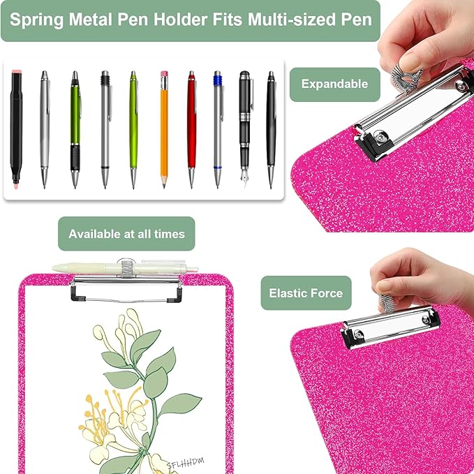1 Pcs Clear Glitter Clipboards,Plastic Clipboard with Pen Holder,Size 8.85 x 12.4 in Shiny Clipboards with Low Profile Clip,Cute Hanging Clipboard for Office Supplies Sparkly Clip Board-Hot Pink