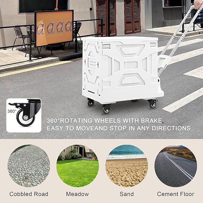 VECELO Foldable Utility Cart with Wheels - Heavy Duty Collapsible Rolling Cart for Shopping, Travel, Office & Home - Portable Luggage Cart with Telescoping Handle, White