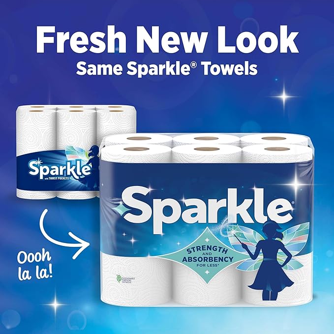 Sparkle Pick-A-Size Paper Towels, Spirited Print Design, 6 Double Rolls (660 Sheets Total) - Strong 2-Ply Towels for Kitchen Cleanup and Everyday Messes