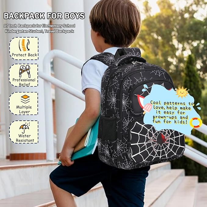Boys Backpack with Lunch Box Glow in Dark Bookbag Kids Ages 4-12 Kindergarten Elementary School Spider Backpack, Luminous Spider Black