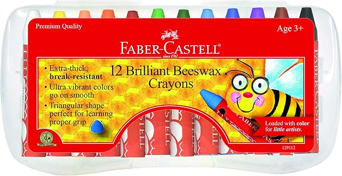 Faber-Castell Beeswax Crayons in Durable Storage Case: Non-Toxic Jumbo Triangle Crayons, Travel-Friendly Toddler Art Supplies for Kids (Ages 3+) (12 Count)