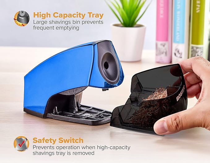 Bostitch Office Electric Pencil Sharpener, Heavy Duty Powerful Stall-Free Motor, High Capacity Shavings Tray, for Office or Classroom, Blue Chrome Metallic