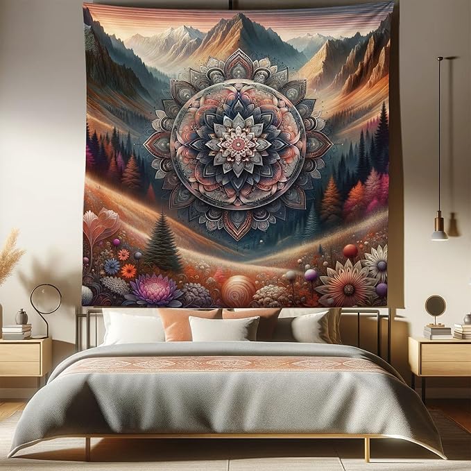 Ambesonne Hippie Tapestry Queen Size, Modern Scandi Blooming Trippy Flower with Mountain Landscape Woodland, Wall Hanging Bedspread Bed Cover Wall Decor, 88" X 88", Pale Vermilion Cadet Blue